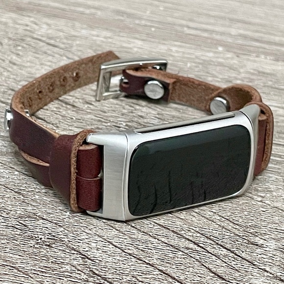 Slim Dark Brown Leather Strap Silver Fitbit Charge 5 Band Women Fashion Bracelet - Picture 6 of 8